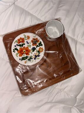 Vintage MCM Dolphin Genuine Teakwood Serving Tray Floral Tile Inlay NOS NIB